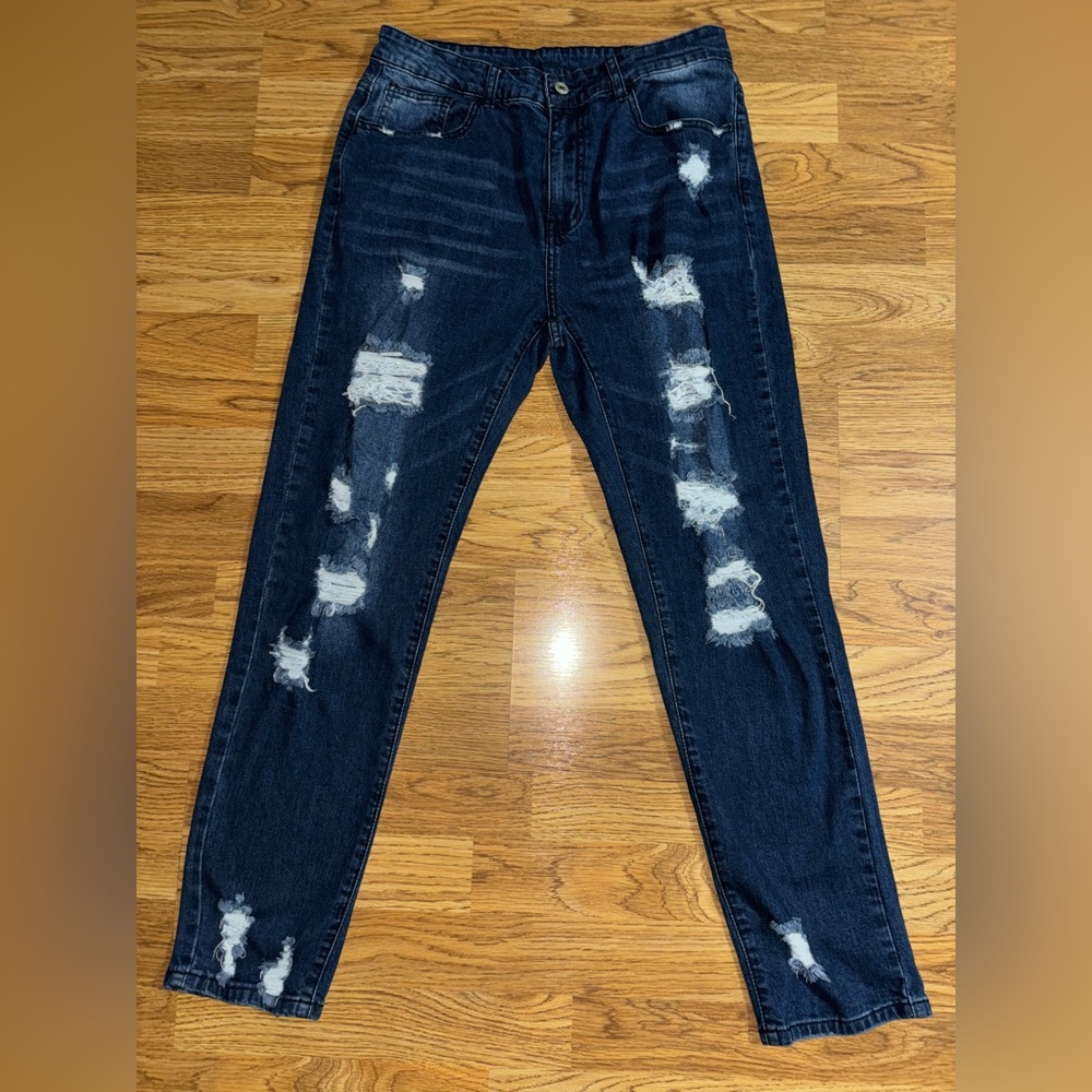Unknown Brand Dark Wash Distressed Holes Wider Leg Skinny Jeans Women’s Large